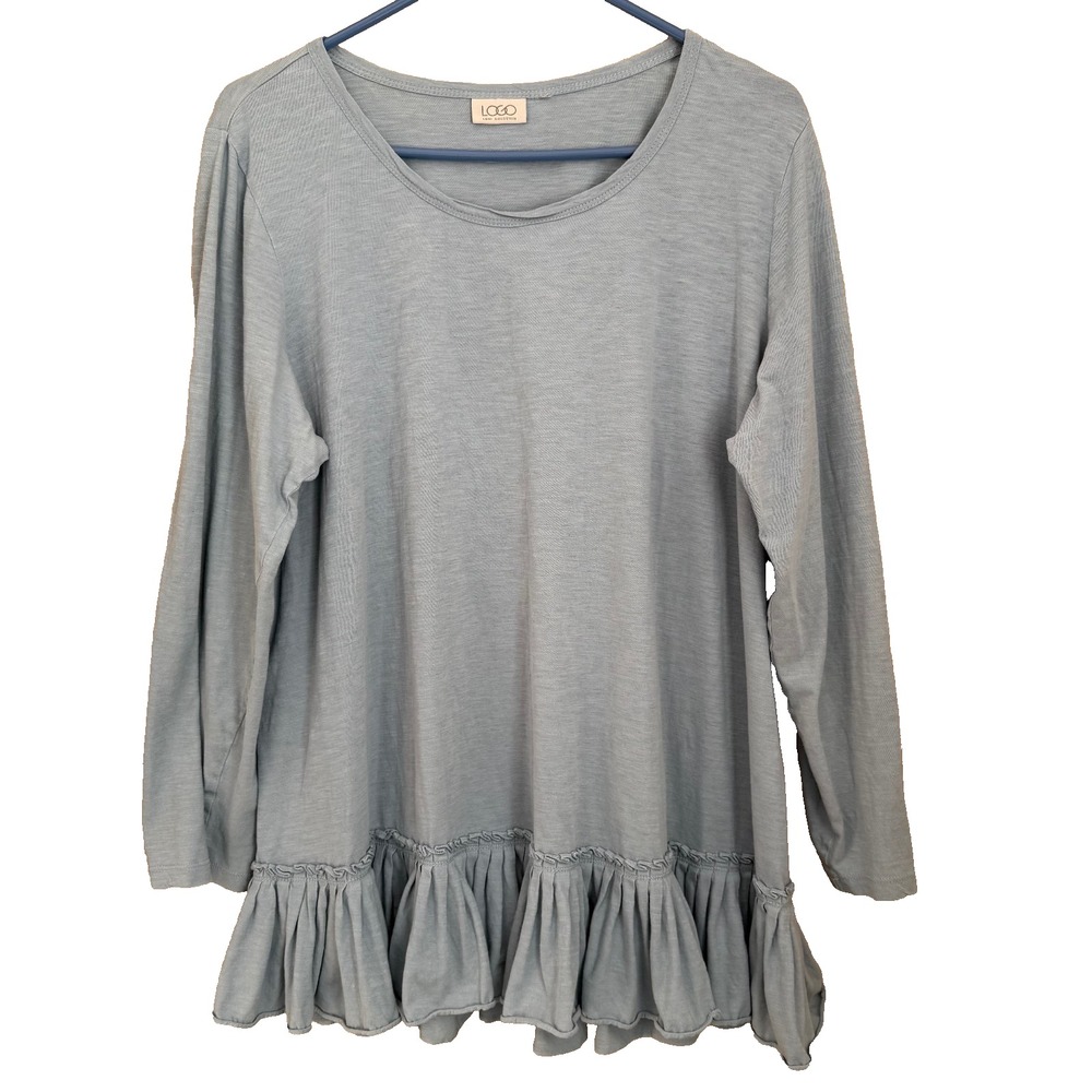 LOGO by Lori Goldstein Ruffle Top Sz XL Blue Gray LS Lagenlook Cottagecore Boho